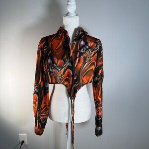 Shein Cropped Multicolor Button Up Collared Shirt Womens Size L Orange Black